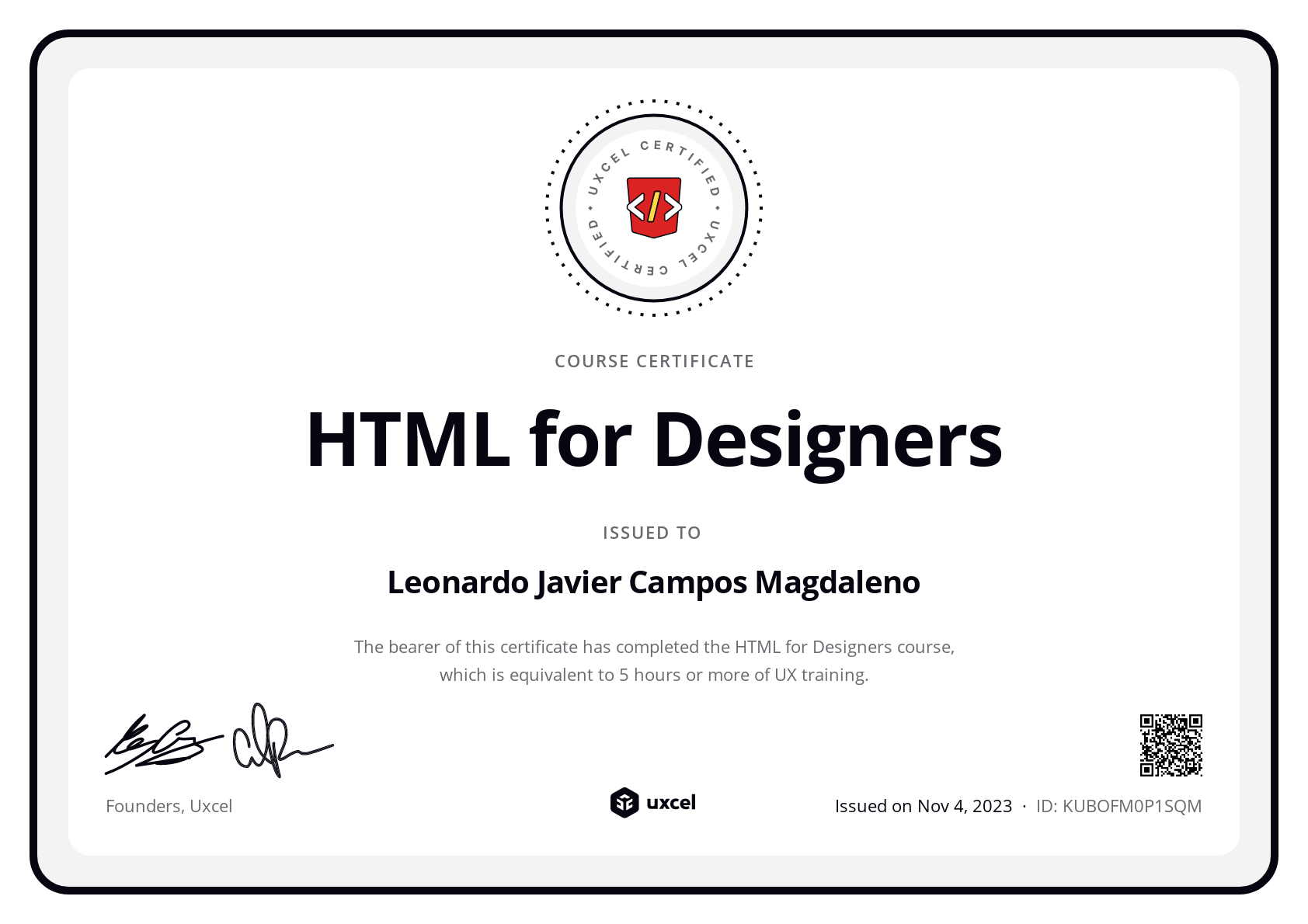 Leonardo Javier Campos Magdaleno's certificate